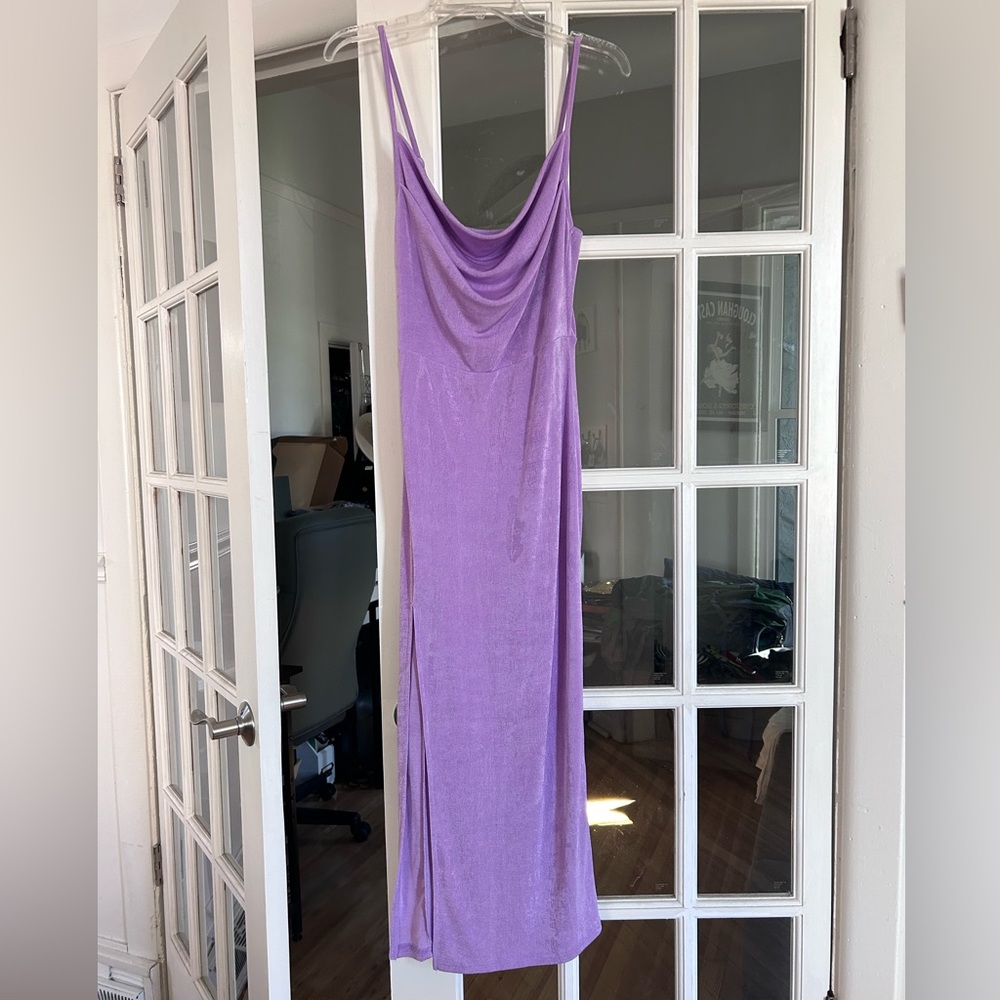 Lavender Solid Cowl Neck Slit Maxi Dress